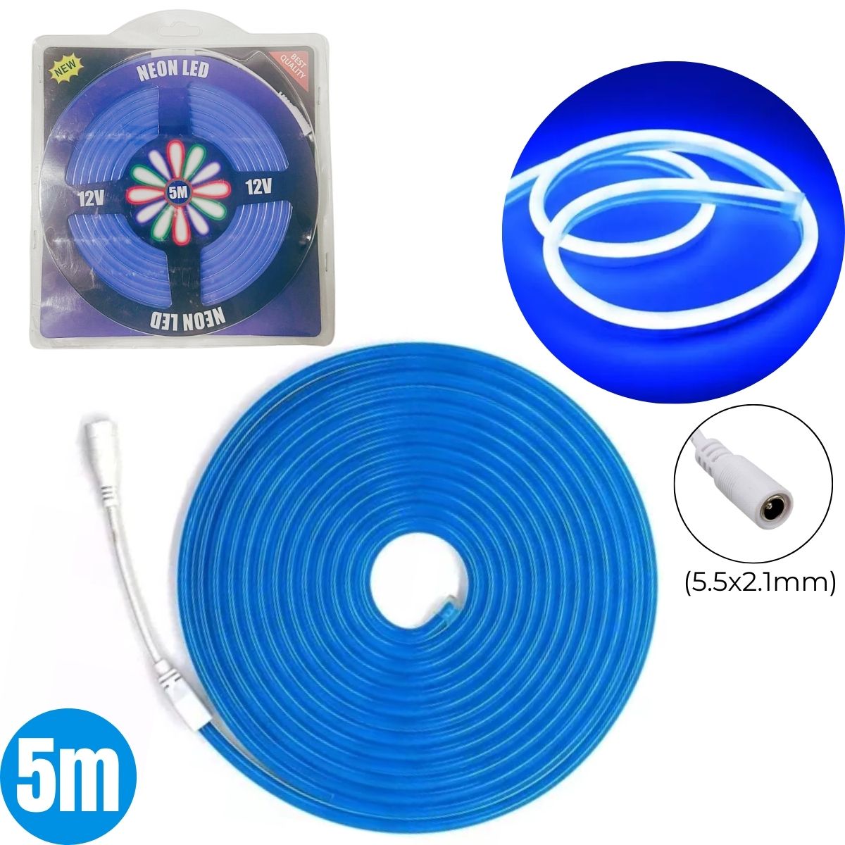FITA DE LED AZUL NEON 3528 PROVA DAGUA 5M SAIDA 12V (5.5X2,1MM) 2A S/FONTE 2835-9
