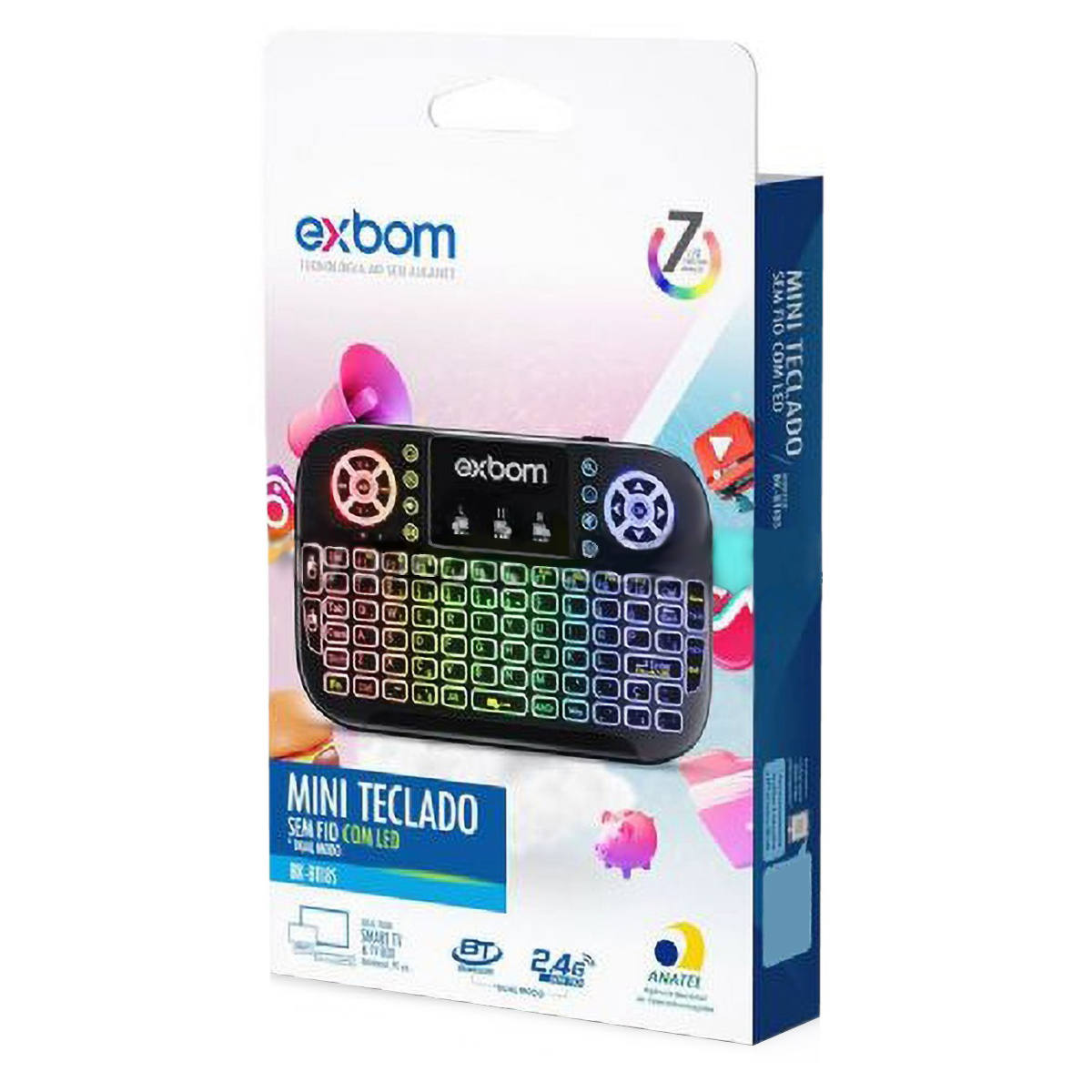 MINI TECLADO WIRELESS SEM FIO COM LED RGB 7 CORES BK-BTI8S EXBOM